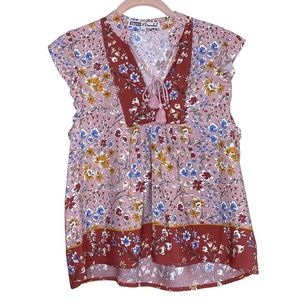 Floral Ruffle Capped Sleeveless Blouse